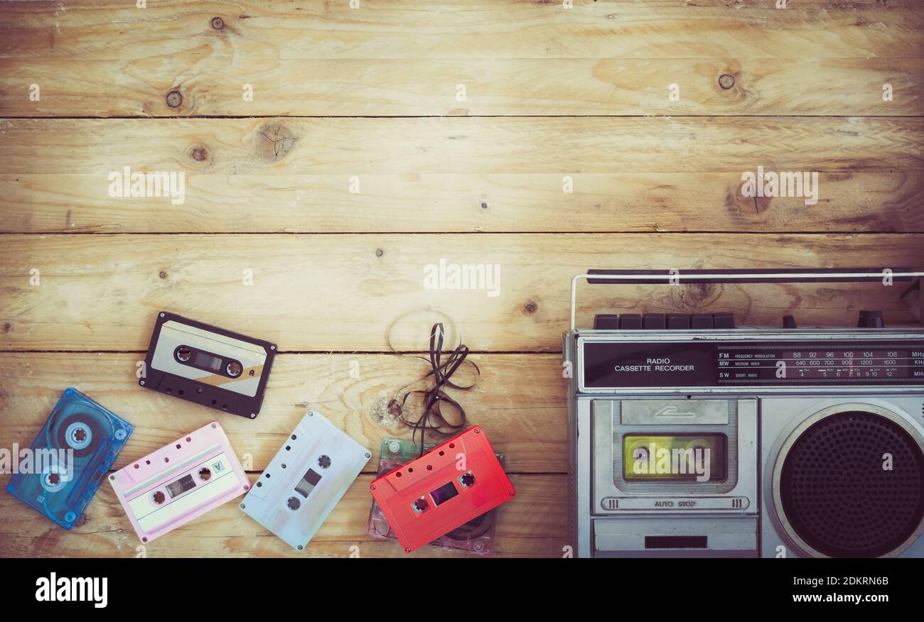 Download Top View Hero Header Retro Technology Of Radio Cassette Recorder Music With Retro Tape Cassette On Wood Table Vintage Color Effect Styles Stock Photo Alamy