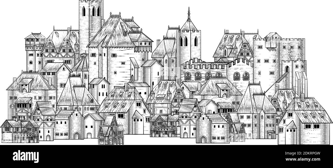 Old Medieval Town City Village Vintage Woodcut Stock Vector