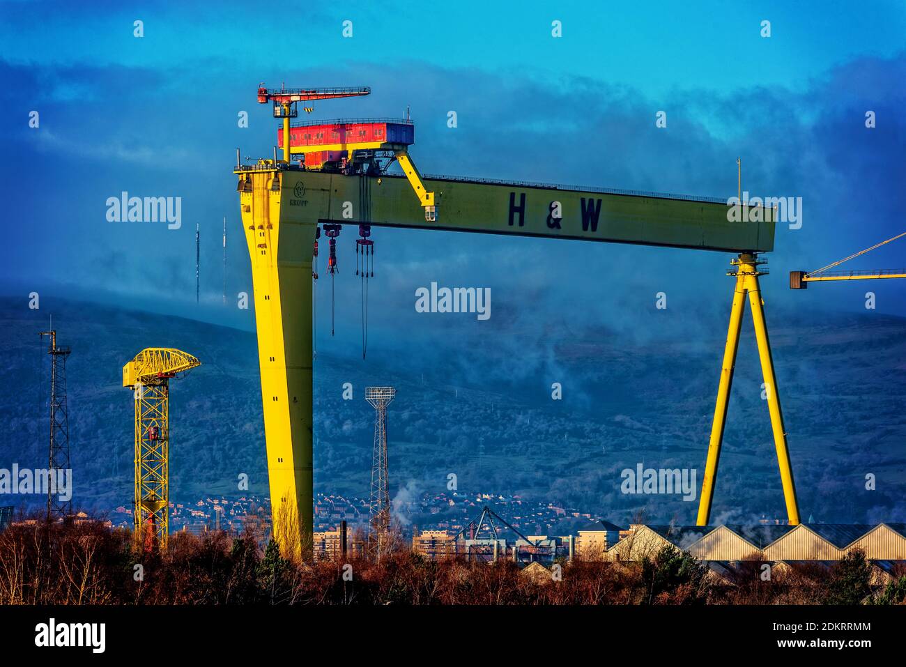 Sampson, one of two giant gantry cranes at Harland & Wolff shipyard in Belfast, Northern Ireland, birthplace of Olympic & Titanic. Along with it's old Stock Photo