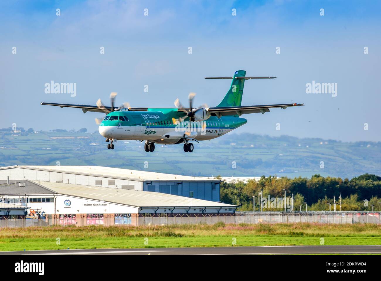 Aer Lingus ATR72-600 EI-FAS arriving at Belfast City Airport, Northern Ireland Stock Photo