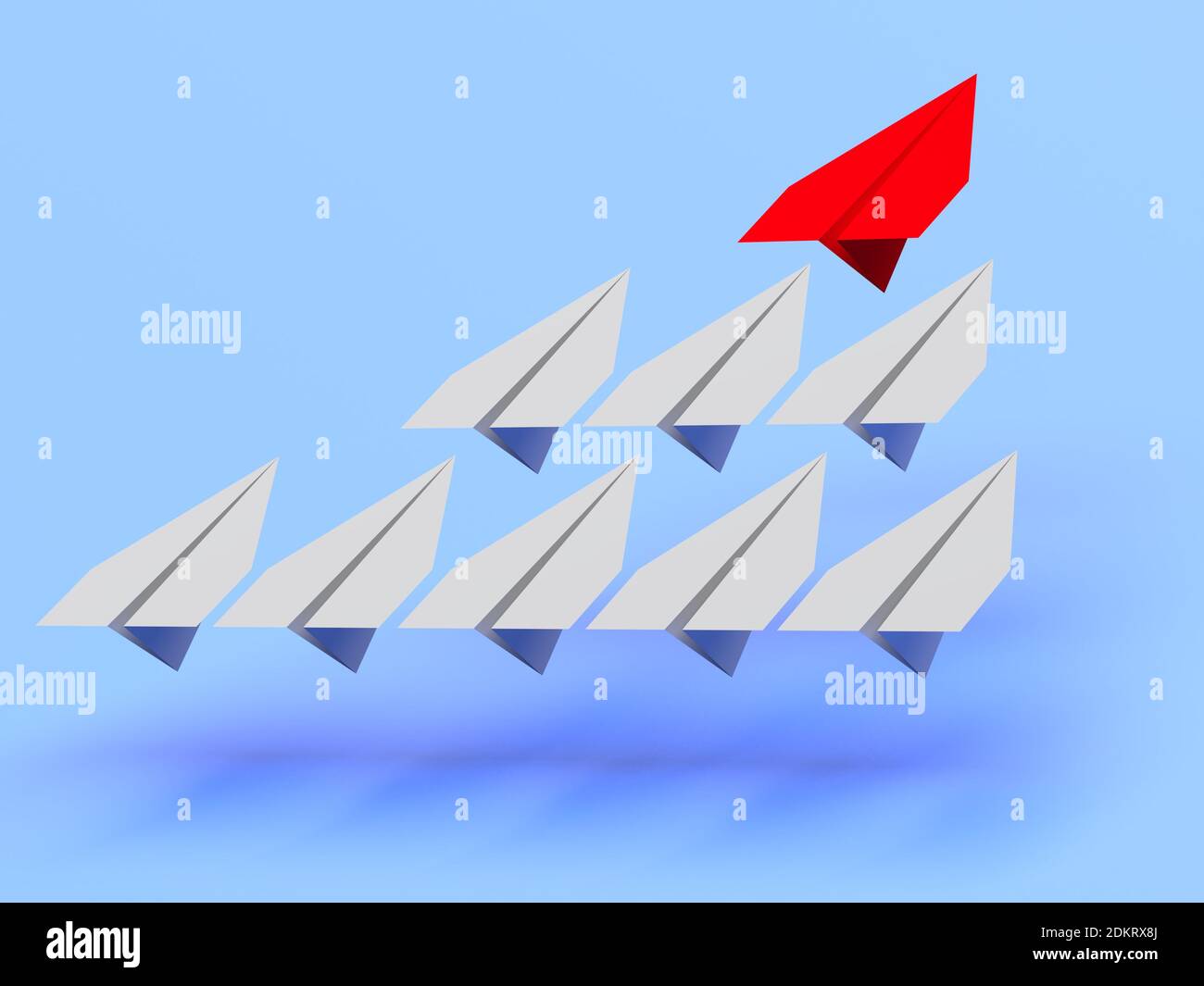Leadership concept. One red leader plane leads other grey planes ...