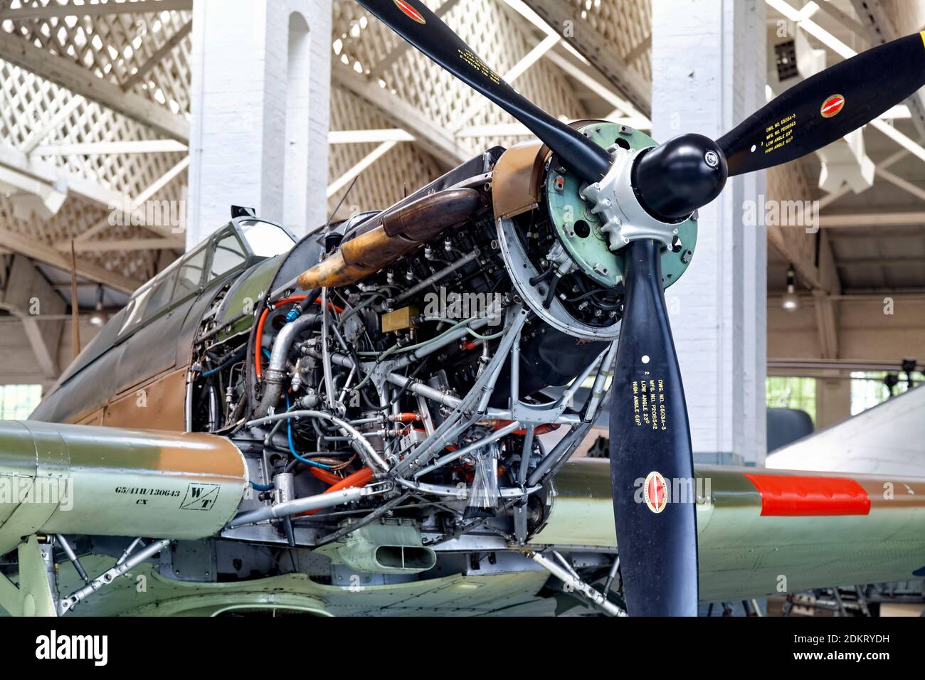 Hawker Hurricane in maintenance hanger showing its Rolls Royce Merlin engine. Stock Photo