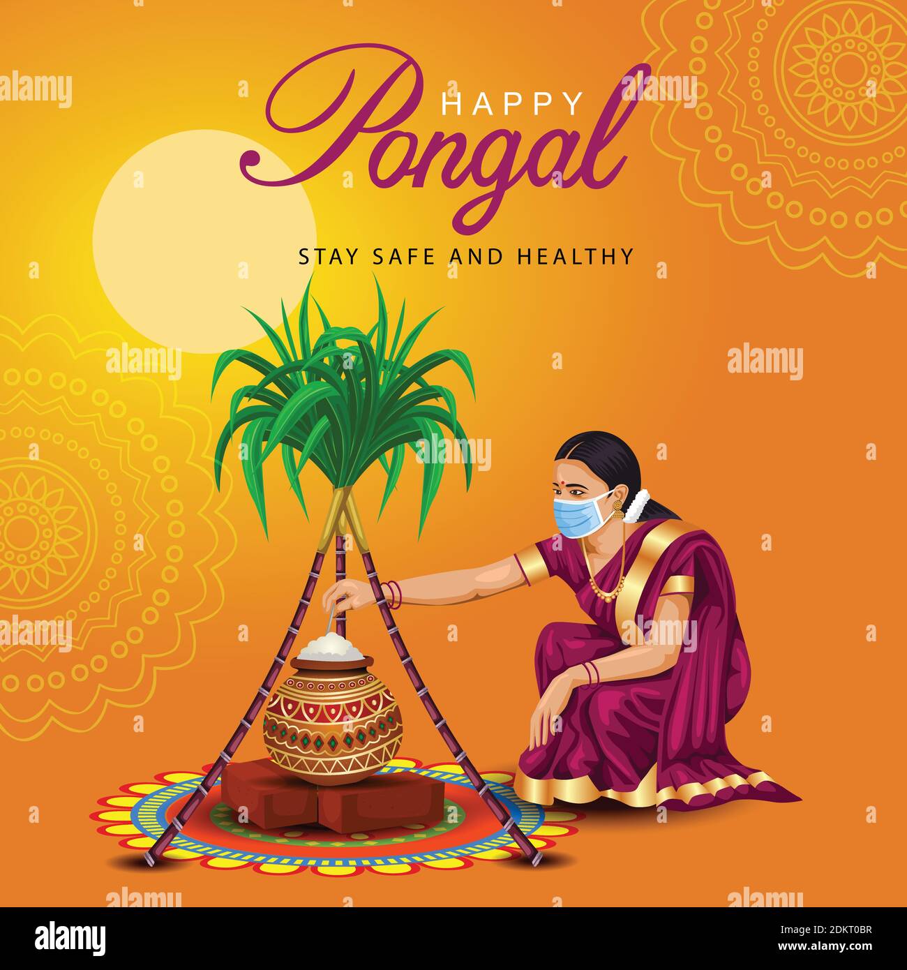 Happy Pongal celebration with sugarcane, Rangoli, pot and rice. Tamil girl wearing face mask. Indian cultural festival celebration concept vector illu Stock Vector