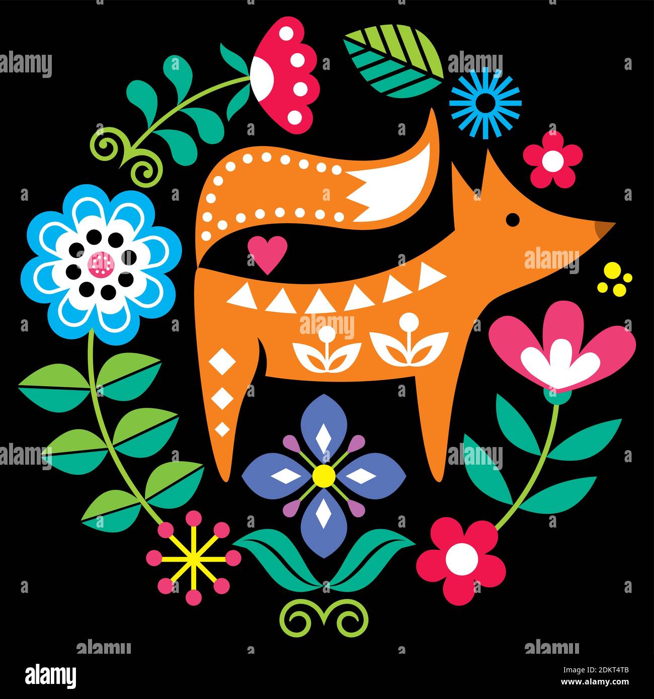 Scandinavian folk art vector round pattern with flowers and fox, floral  greeting card or invitation inspired by traditional embroidery from Sweden,  No Stock Vector Image \u0026 Art - Alamy, image size:1300x1390