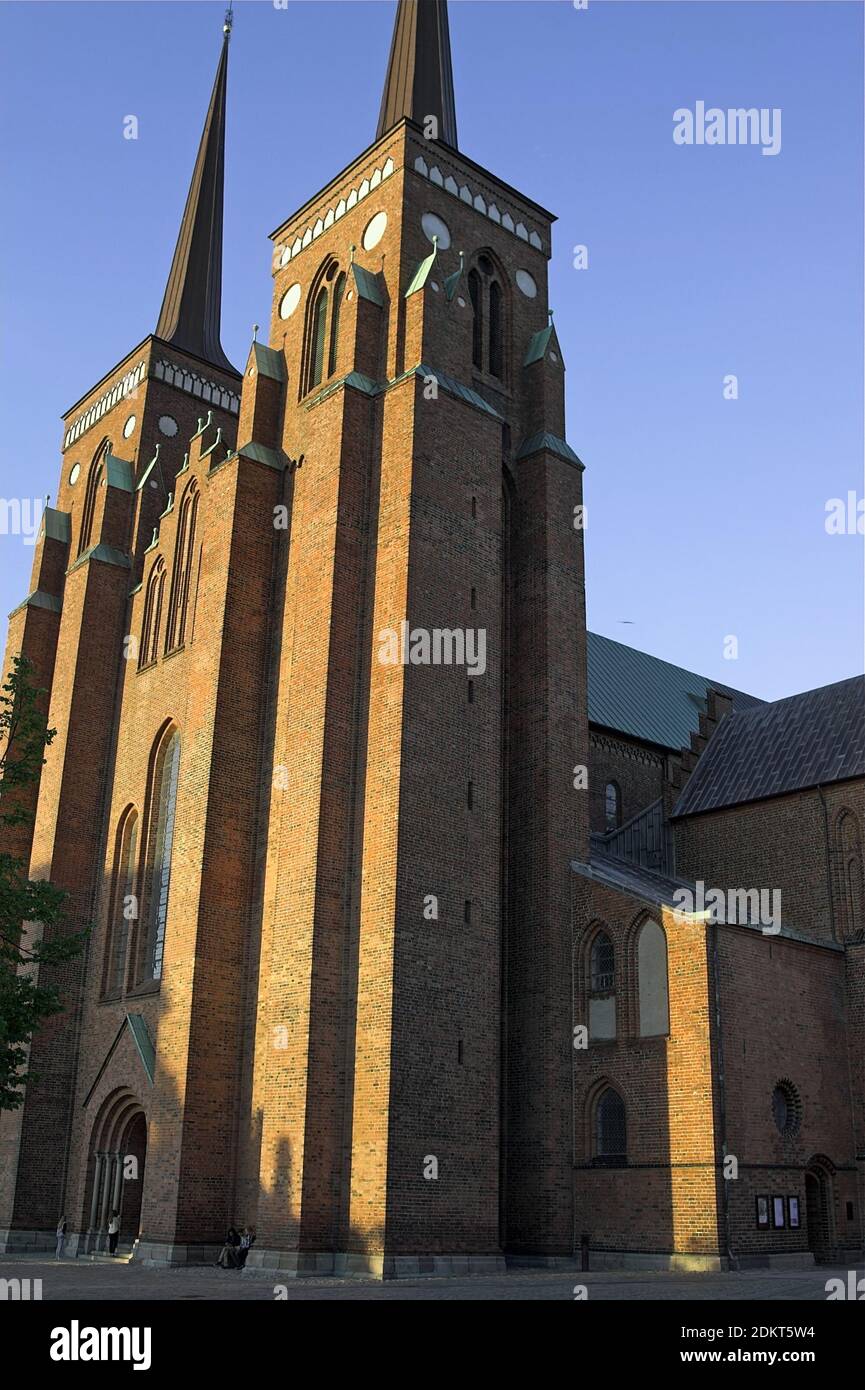 Roskilde, Denmark, Dänemark: the mighty towers of the cathedral with a slender tented roof. Stock Photo