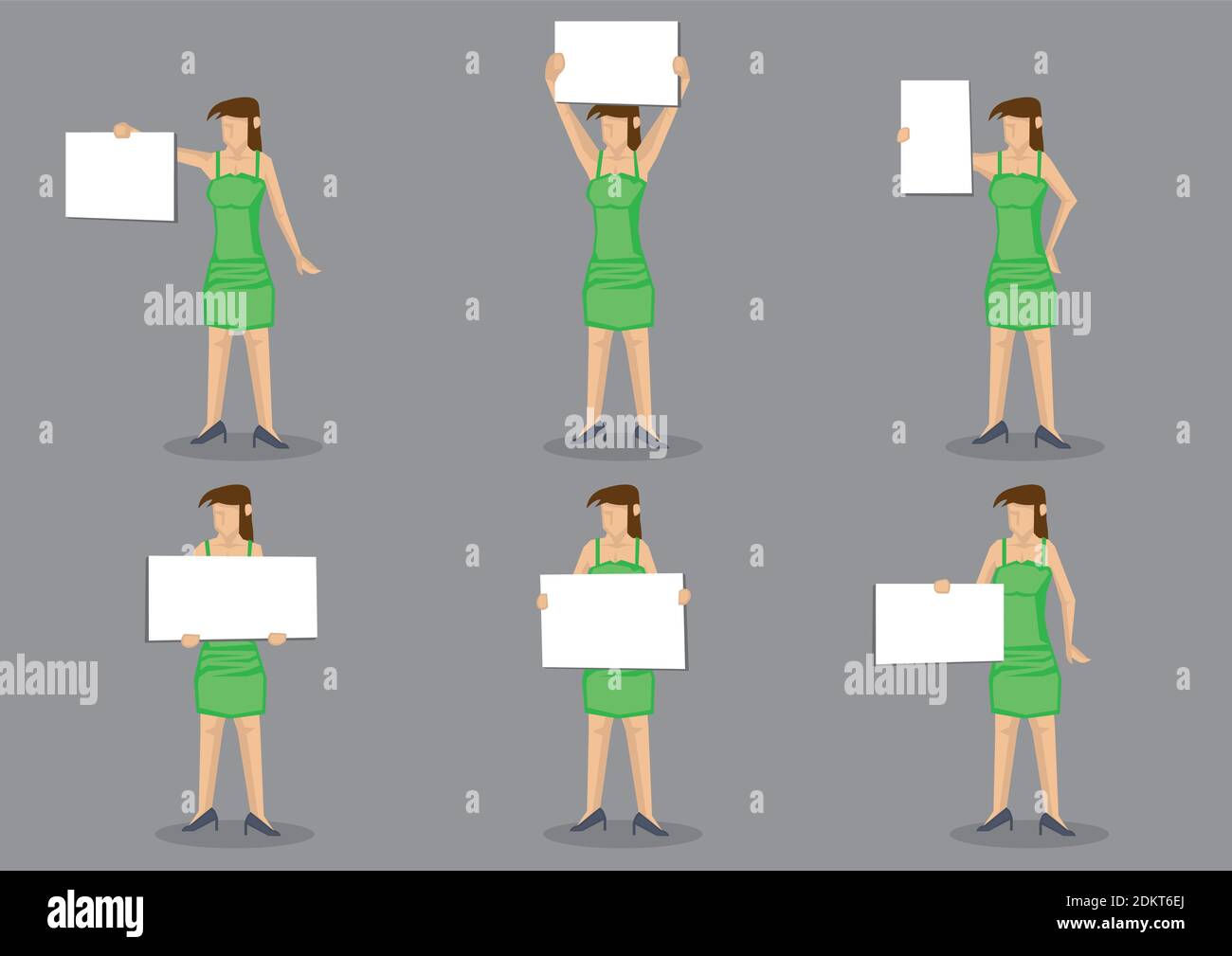 Set of six vector illustrations of young woman in green dress holding a blank placard sign with copy space isolated on grey background. Stock Vector