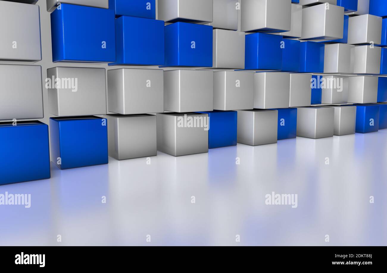 3D Render of white and blue squares on a reflective surface background Stock Photo