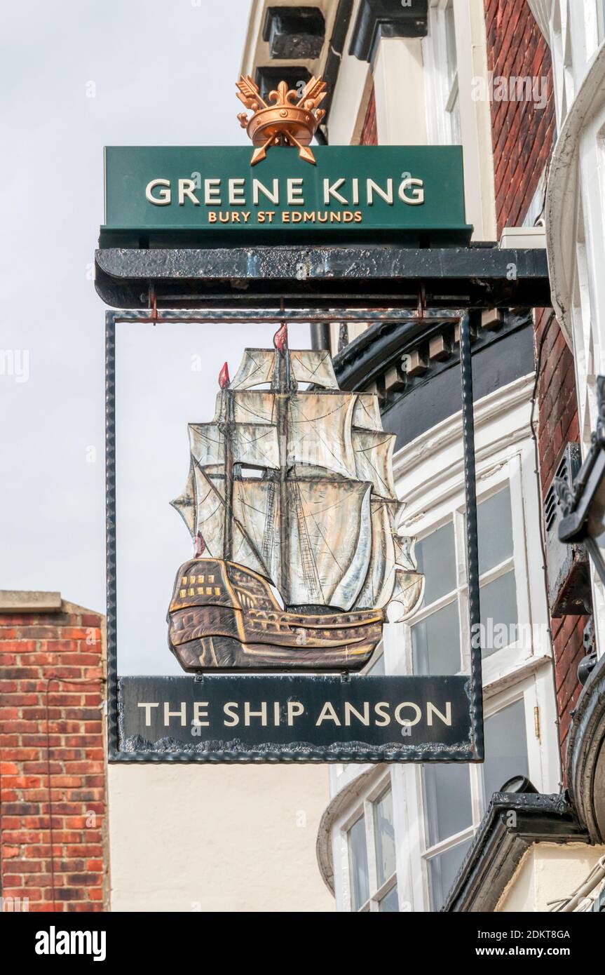 Greene King pub sign for The Ship Anson public house on The Hard at Portsmouth. Stock Photo