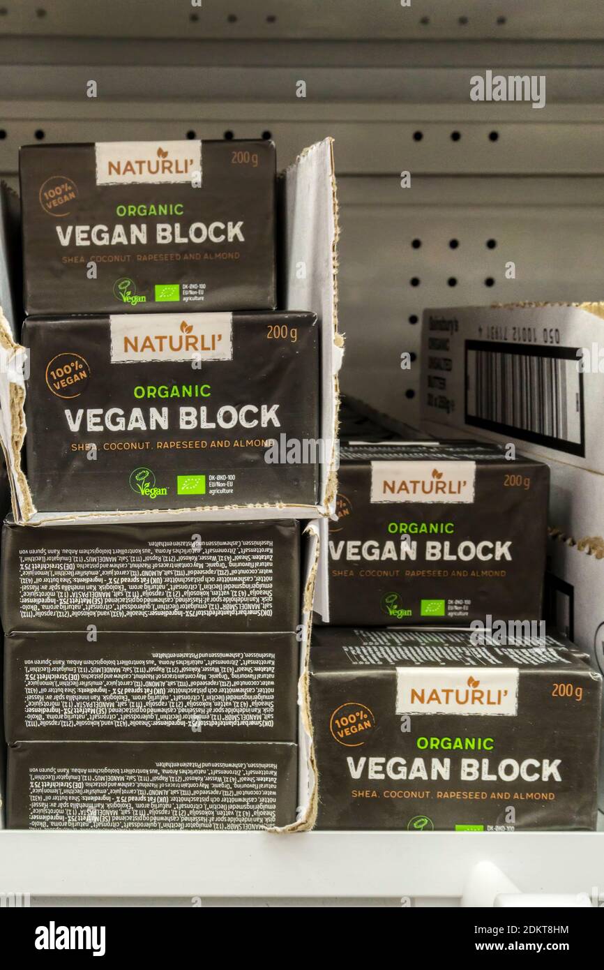 Naturli organic vegan block on sale in a supermarket.  A vegan alternative to butter. Stock Photo