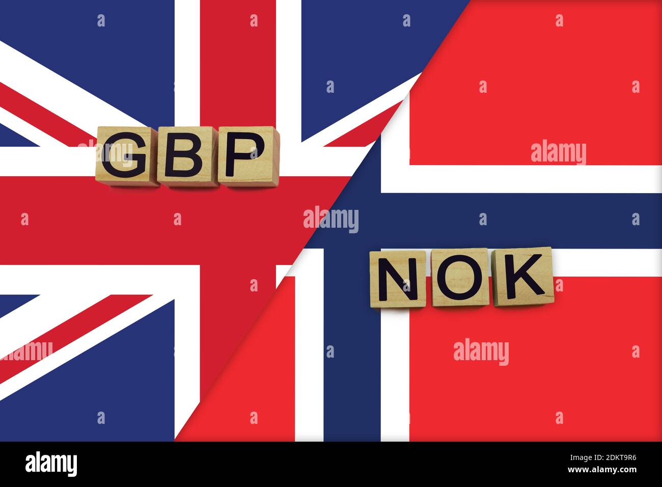 United Kingdom and Norway currencies codes on national flags background. International money transfer concept Stock Photo