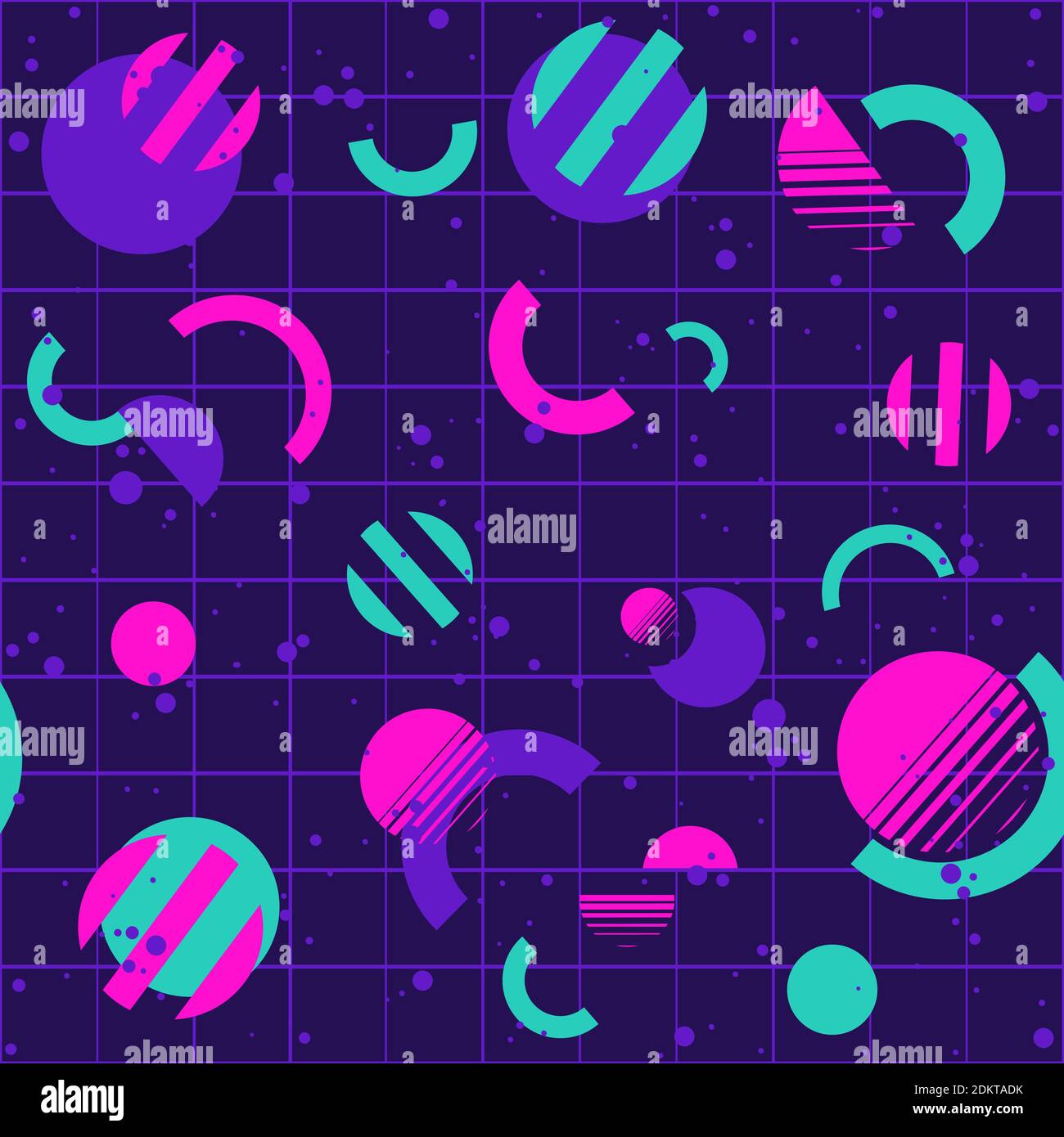 Futuristic seamless pattern with abstract striped circular shapes. Pink, blue and purple repetitive background Stock Vector