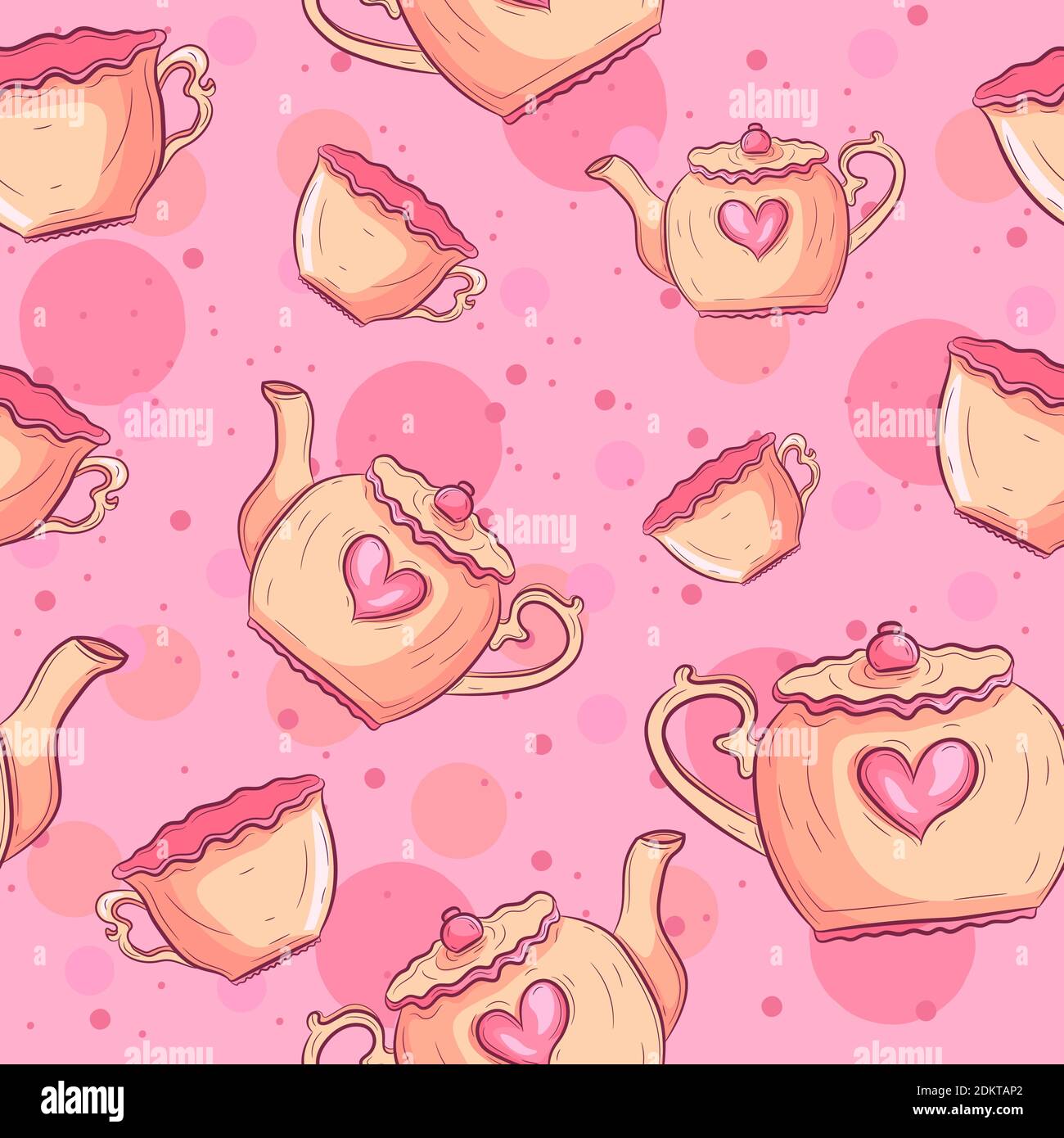 Tea mugs and teapot seamless pattern. Pink baby background with pottery and hearts. Stock Vector