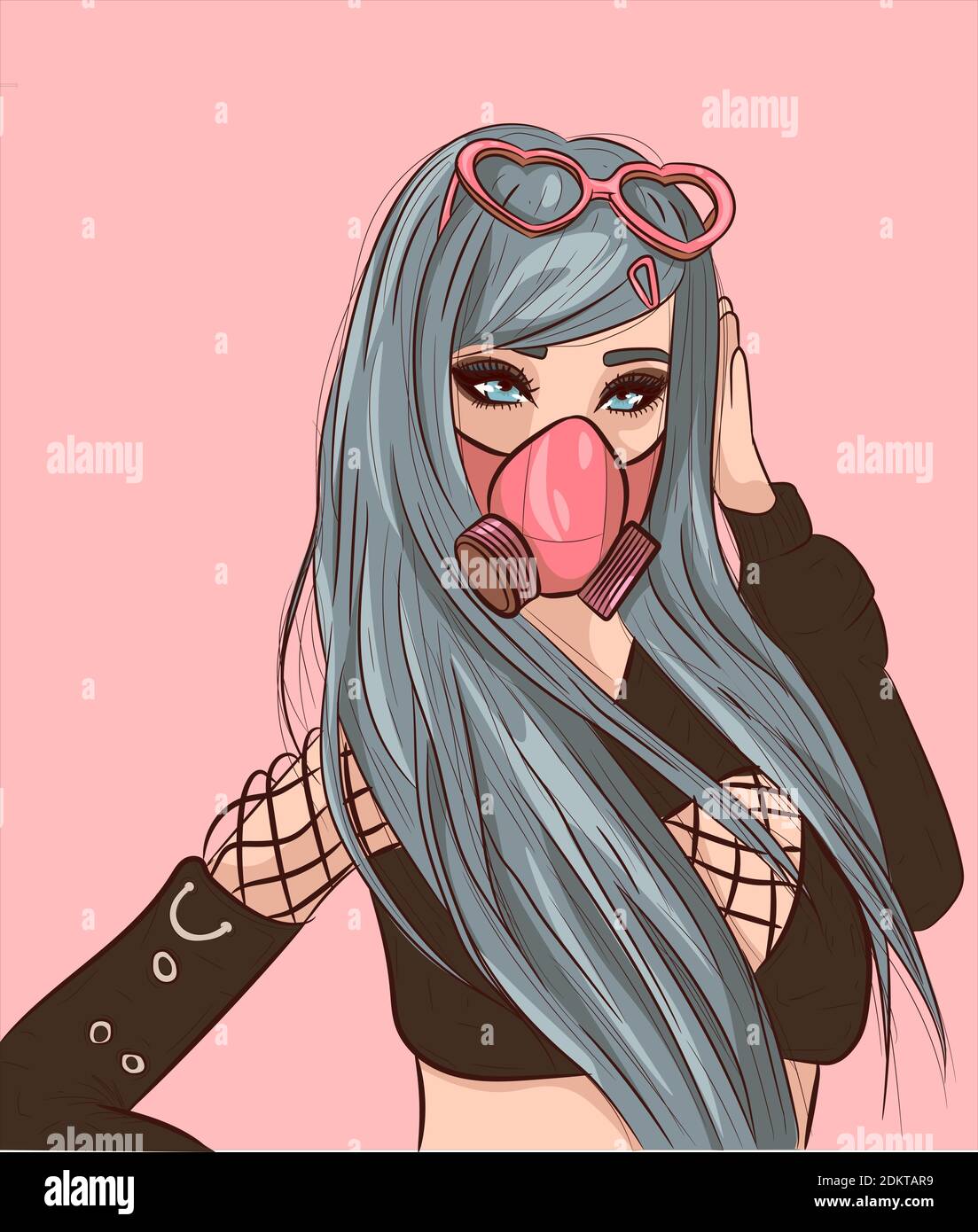 Young gothic girl with blue hair wearing a gas mask and pink sunglasses. Stock Vector