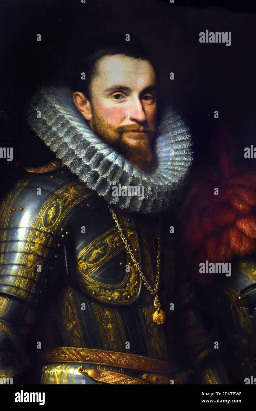 Ambrogio Spinola (1569-1630, Commander in Chief of the Spanish troops in the Southern Netherlands. Hip piece, standing in armor by a table on which stands the helmet with plumes. Command staff in the right hand, the left hand on the hilt of his epee. The emblem of the Order of the Golden Fleece on a chain around the neck. by  Michiel Jansz. van Mierevelt  (1566–1641) Holland, The Netherlands, Dutch, The Dutch Revolt 1566–1648  Low Countries against the rule of the Habsburg King Philip II of Spain Eighty Years, War, Spanish, Dutch, Netherlands, Stock Photo
