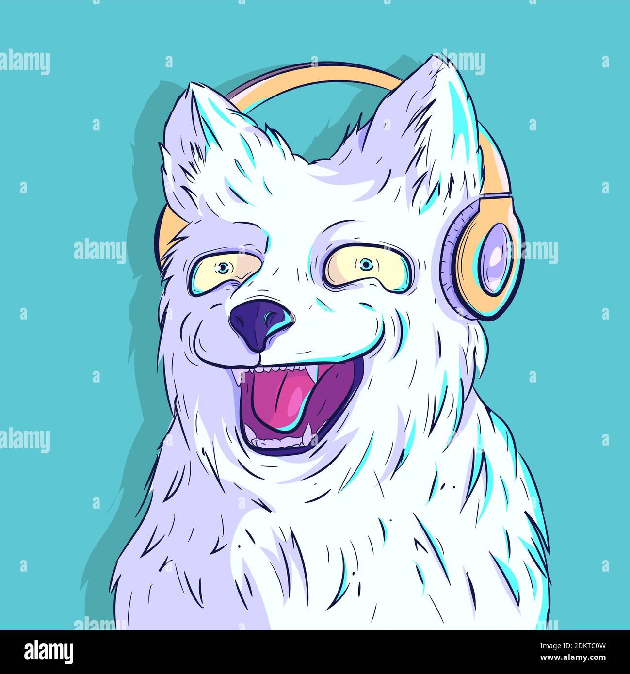 Vector illustration of a furry white dog with headphones. Cartoon animal with a big smile listening to music. Stock Vector