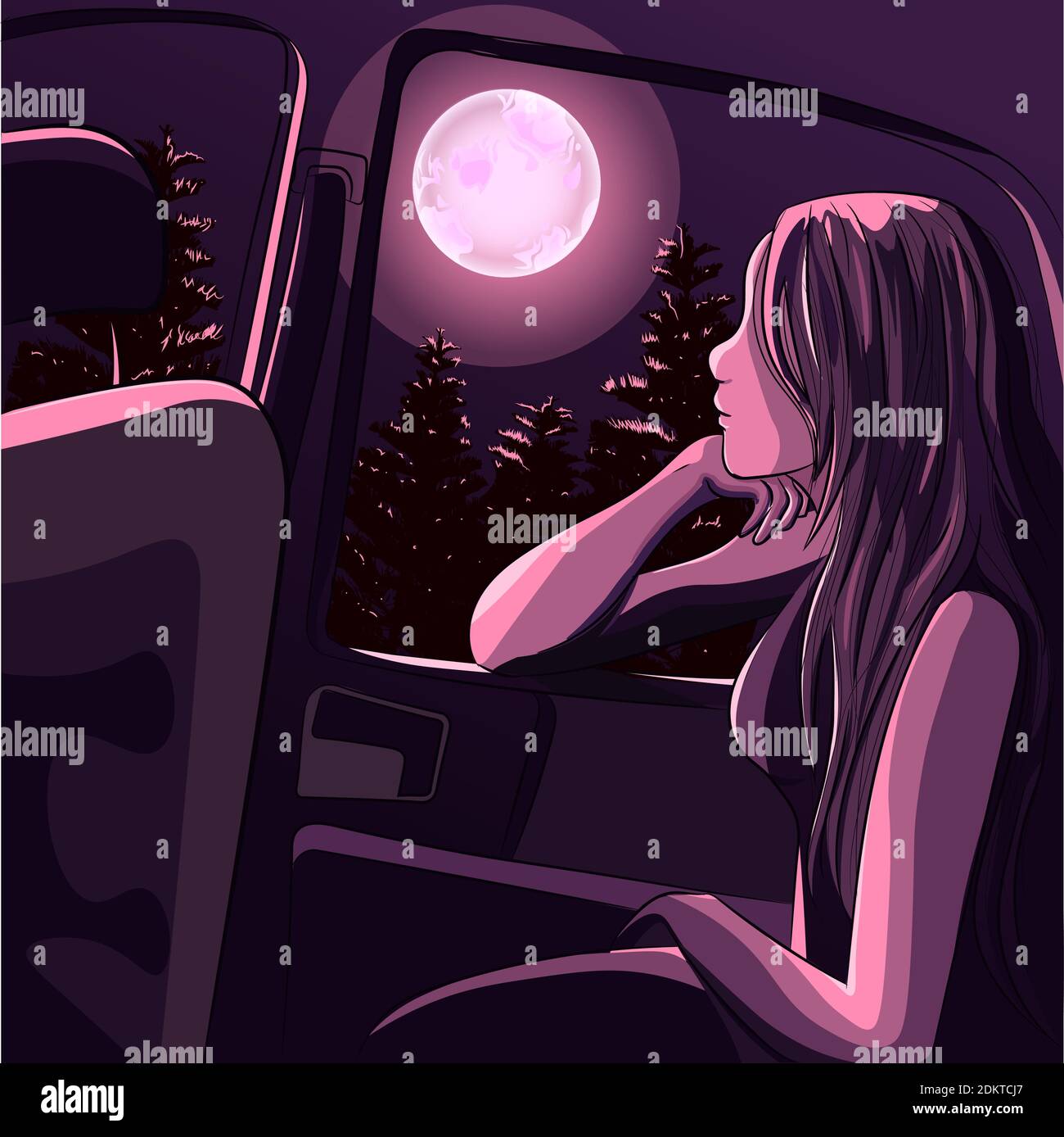 Girl meditating under the moon light inside the car. Young woman looking through the window at the forest. Stock Vector