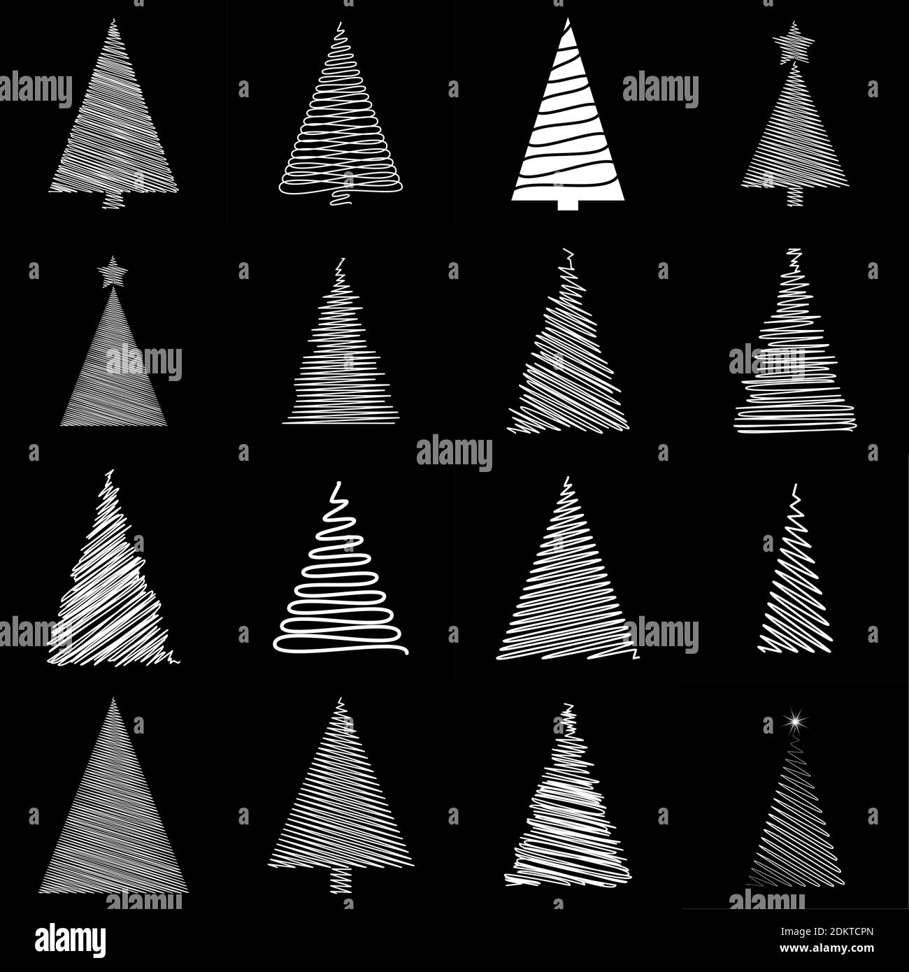 Scribble christmas tree set. Doodle fir tree collection. Hand-drawn festive vector illustration isolated on black background. White childlike drawing Stock Vector