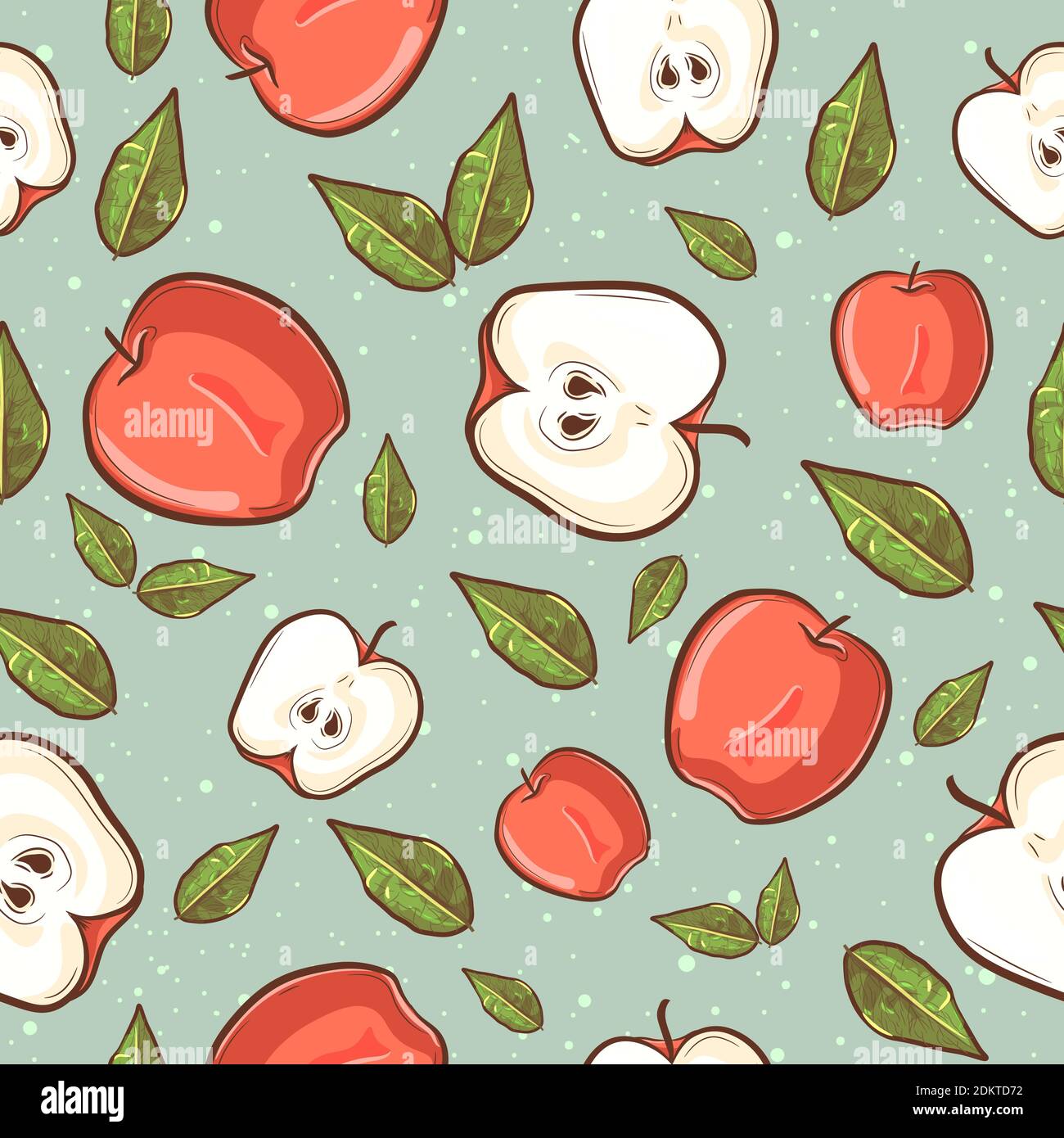 Summer tropical seamless pattern with red apples and green leaves. Repetitive background with fruits. Stock Vector