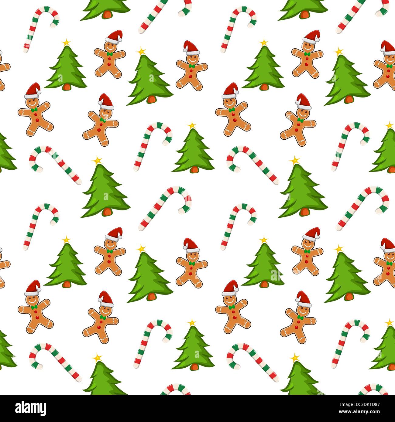 Holiday pattern with gingerbread cookies, candy cane and christmas tree on white background. Wrapping paper with repeating tile. Great for christmas c Stock Vector