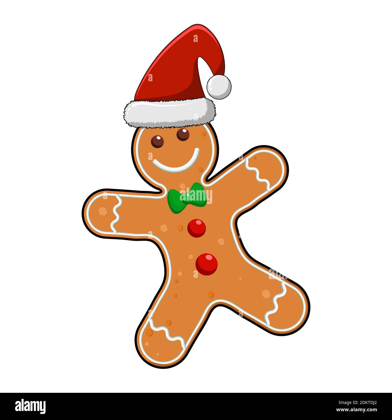 Gingerbread man cartoon illustration isolated on white background. Christmas ginger cookie figure. Cute smiling biscuit with red hat. Seasonal vector Stock Vector