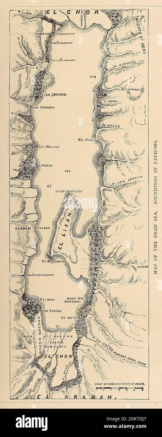 Map of the Dead Sea From the book 'Those holy fields : Palestine, illustrated by pen and pencil' by Manning, Samuel, 1822-1881; Religious Tract Society (Great Britain) Published in 1874 Stock Photo