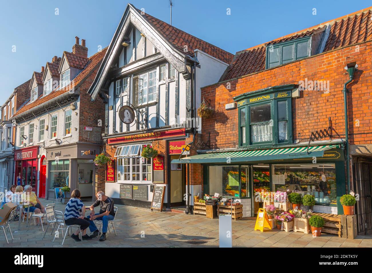 View of shops and cafe in the Market Square, Beverley, North Humberside, East Yorkshire, England, United Kingdom, Europe Stock Photo