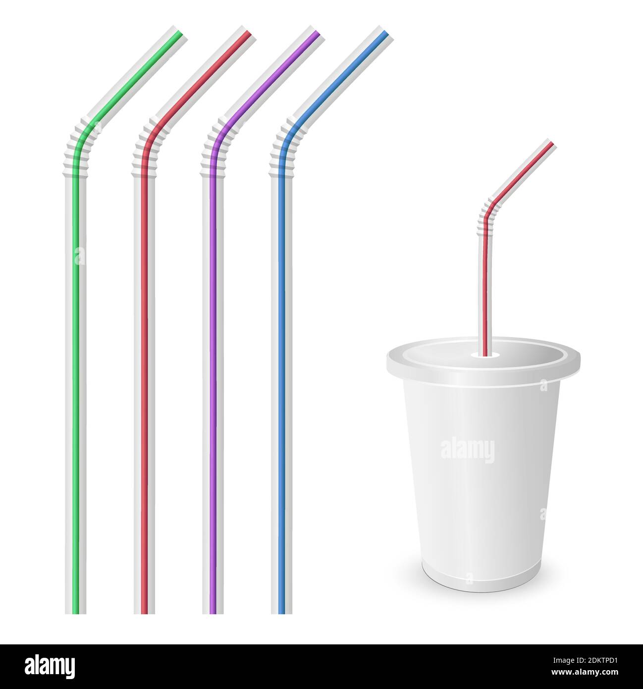 Straw for beverage. Striped and colorful straws. Drinking straws isolated on a white background. Plastic fastfood cup for beverages with straw. Stock Vector