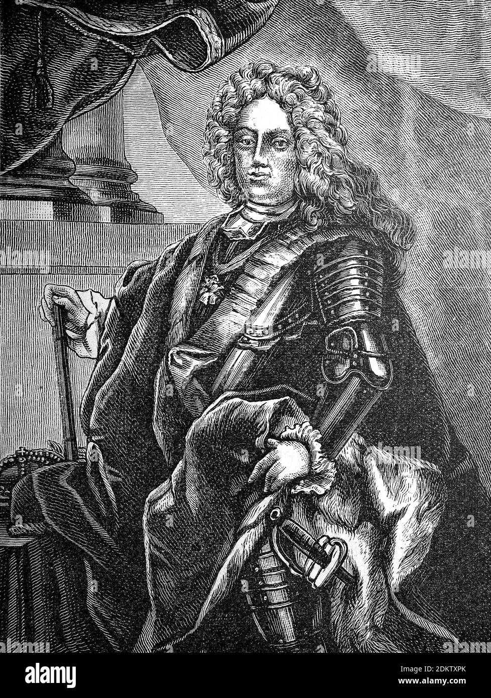 Frederick August I of Saxony, May 12, 1670 - February 1, 1733, from April 27, 1694 to February 1, 1733 as Frederick August I Elector and Duke of Saxony and from September 15, 1697 to 1706 and again from 1709 to February 1, 1733 in personal union as August II. King of Poland  /  Friedrich August I. von Sachsen, 12. Mai 1670 - 1. Februar 1733, von 27. April 1694 bis 1. Februar 1733 als Friedrich August I. Kurfürst und Herzog von Sachsen sowie von 15. September 1697 bis 1706 und neuerlich von 1709 bis 1. Februar 1733 in Personalunion als August II. König von Polen, Historisch, historical, digital Stock Photo