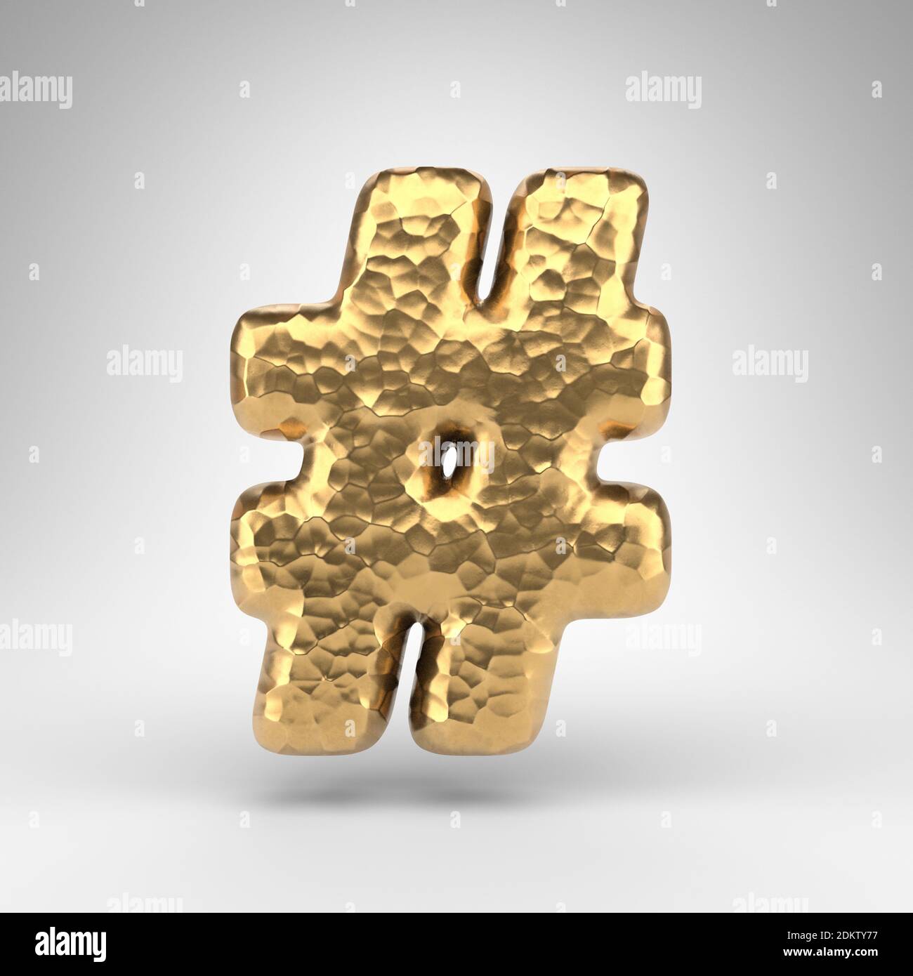 Metallic Hashtag Hashtag symbol on white background. Hammered brass 3D rendered sign ...