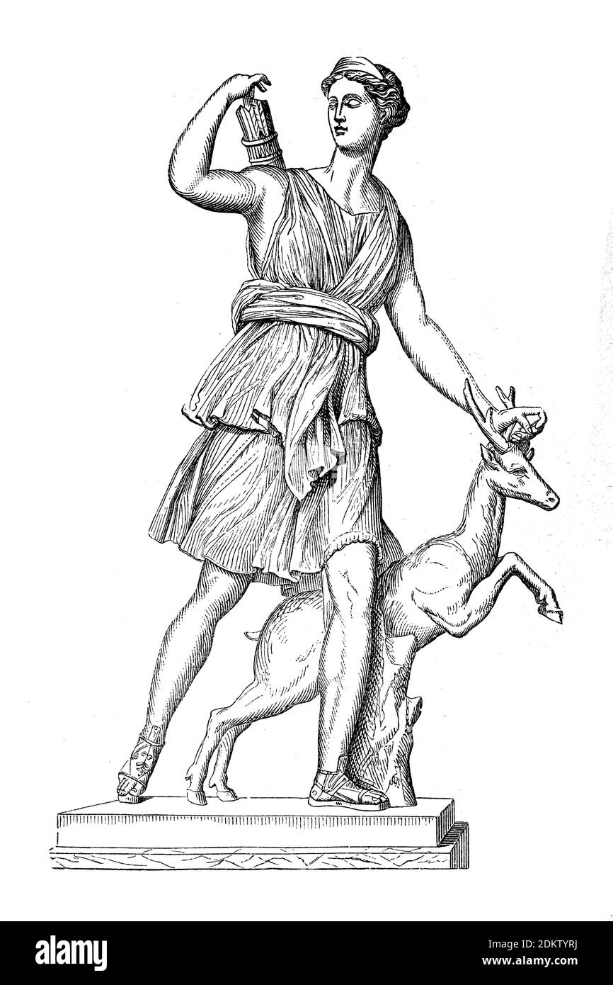 Artemis, in Greek mythology is the goddess of hunting, the forest, childbirth and the moon, as well as the guardian of women and children  /  Artemis, in der griechischen Mythologie die Göttin der Jagd, des Waldes, der Geburt und des Mondes sowie die Hüterin der Frauen und Kinder, Historisch, historical, digital improved reproduction of an original from the 19th century / digitale Reproduktion einer Originalvorlage aus dem 19. Jahrhundert Stock Photo