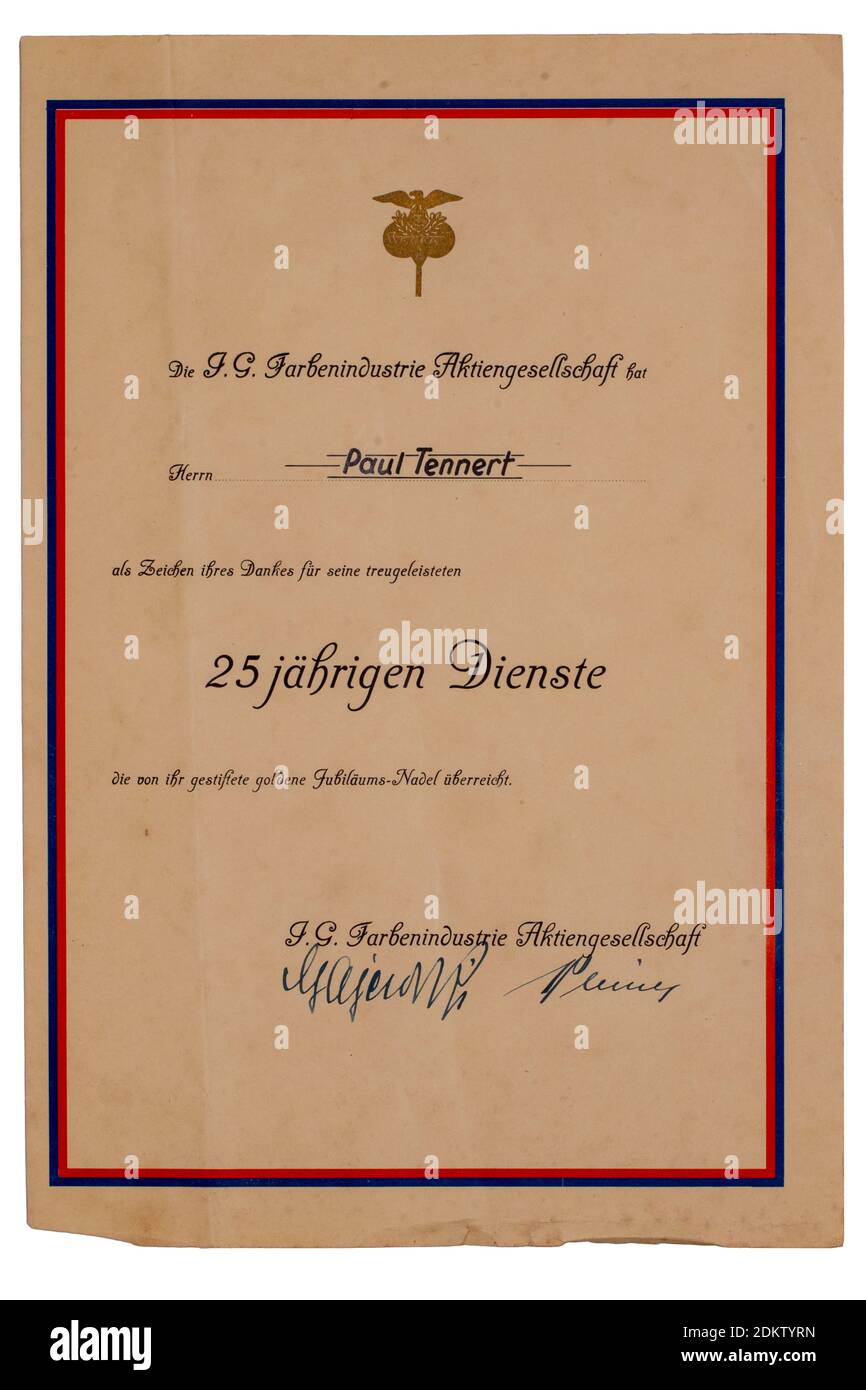 Vintage Certificate for 25 years of service at AGFA (Founded in 1873 as Actien-Gesellschaft für Anilin-Fabrication in Berlin). Certificate from 1940. Stock Photo