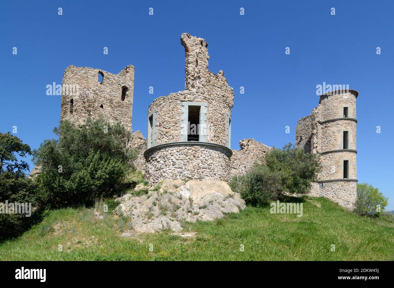 Round Stone Towers of the Ruined Château or Castle Ruins of Grimaud Castle Var Provence France Stock Photo