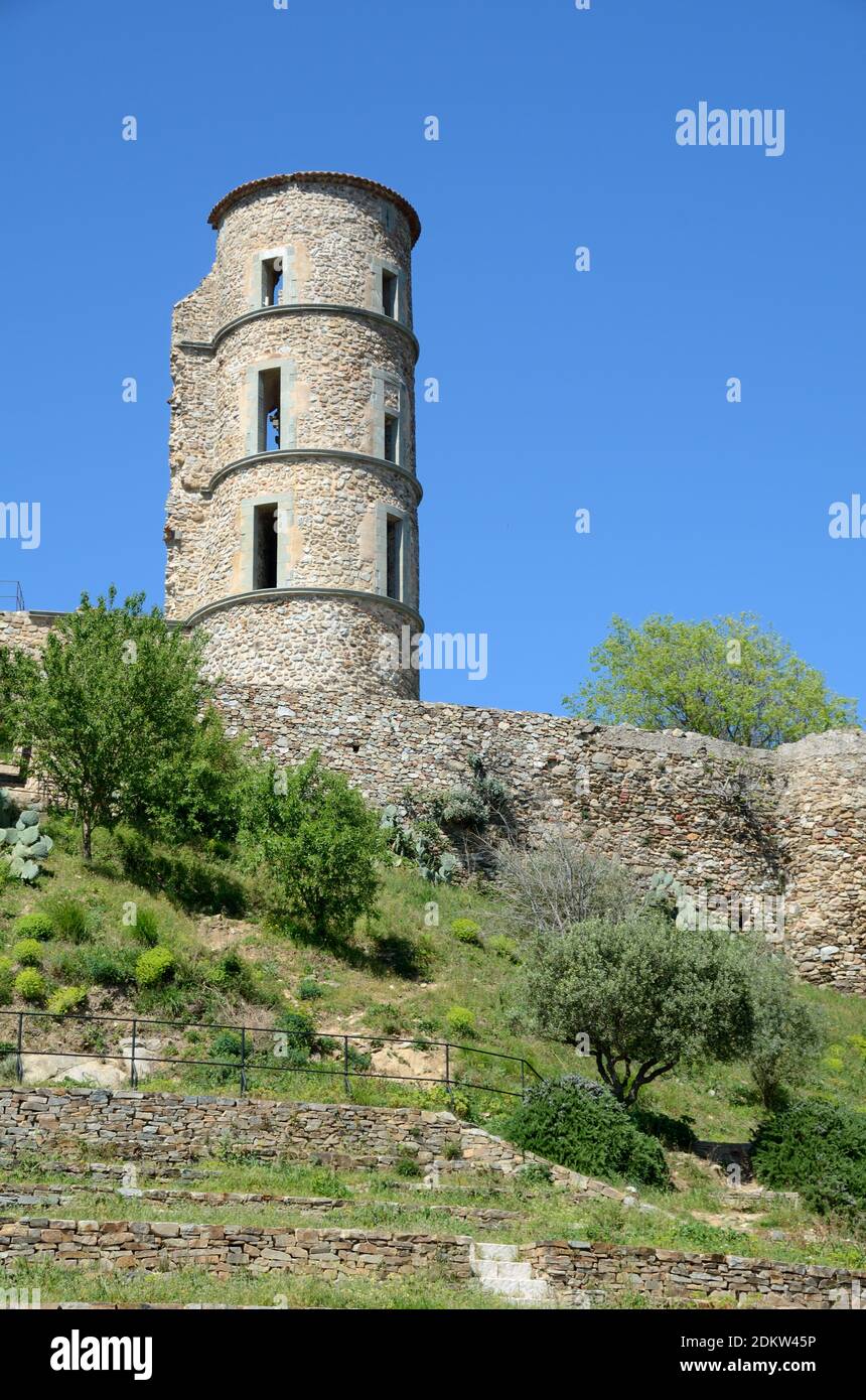 Round Stone Tower of the Ruined Château or Castle Ruins of Grimaud Castle Var Provence France Stock Photo