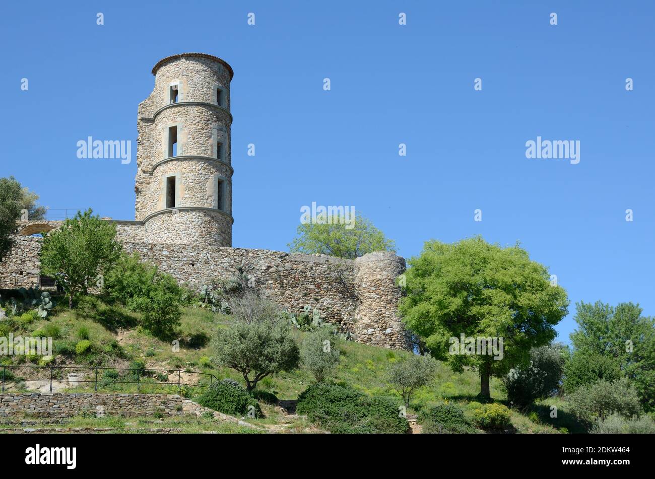 Round Stone Tower of the Ruined Château or Castle Ruins of Grimaud Castle Var Provence France Stock Photo