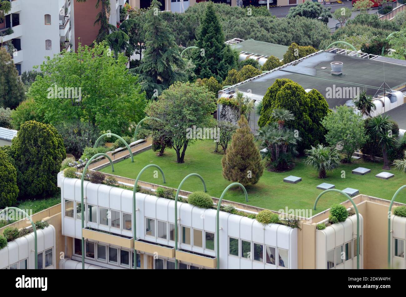 Roof Top Gardens or Roof Garden with Lawn & Trees Atop Luxury Apartment Building Monaco Stock Photo