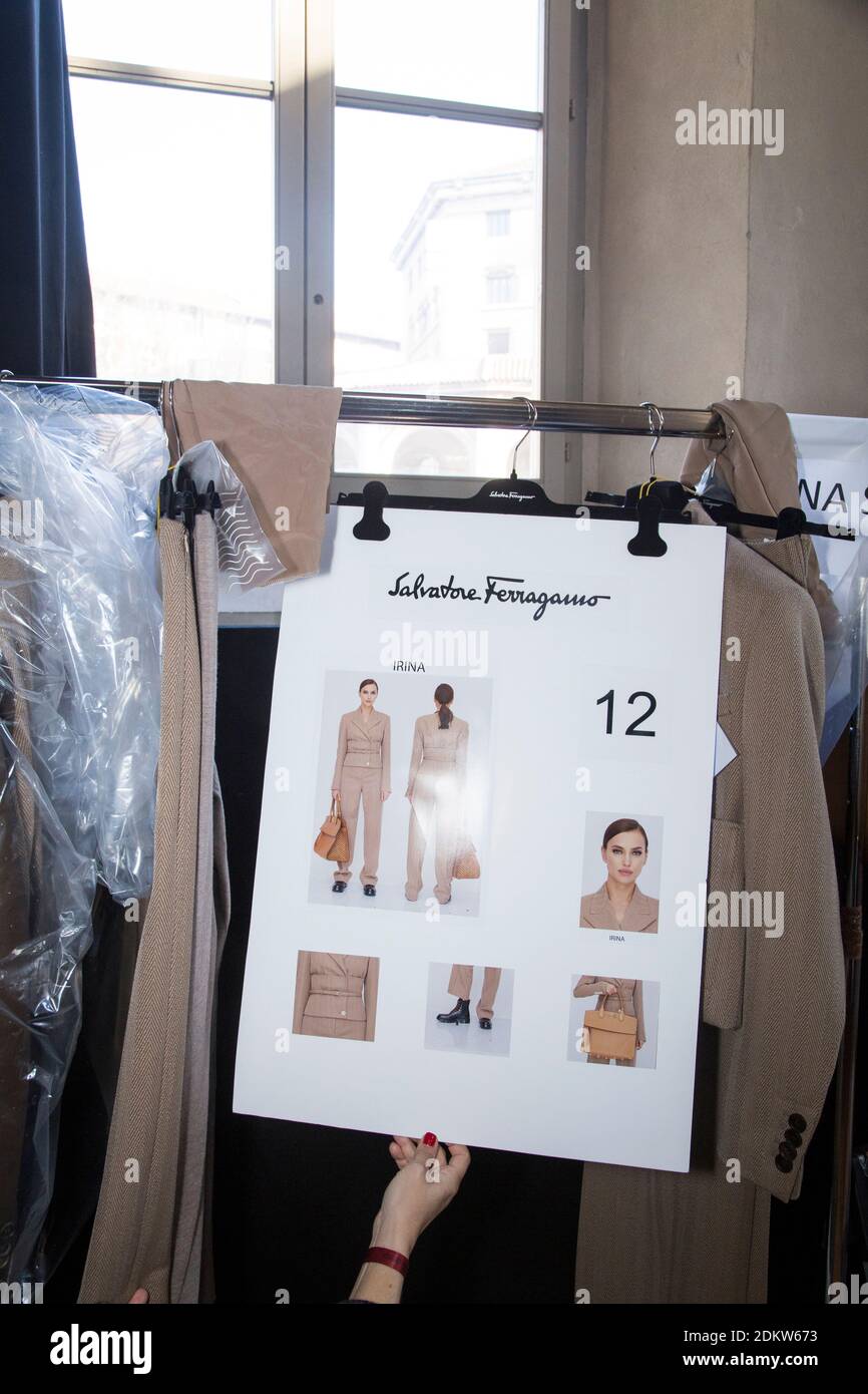 Model Irina Shayk fashion look board at Ferragamo fashion show in Milan