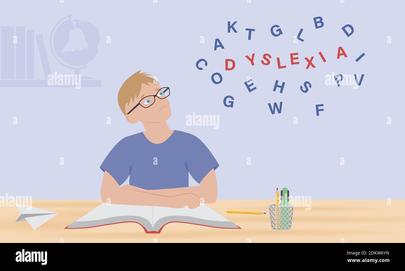 dyslexia concept - child with reading disorder Stock Vector