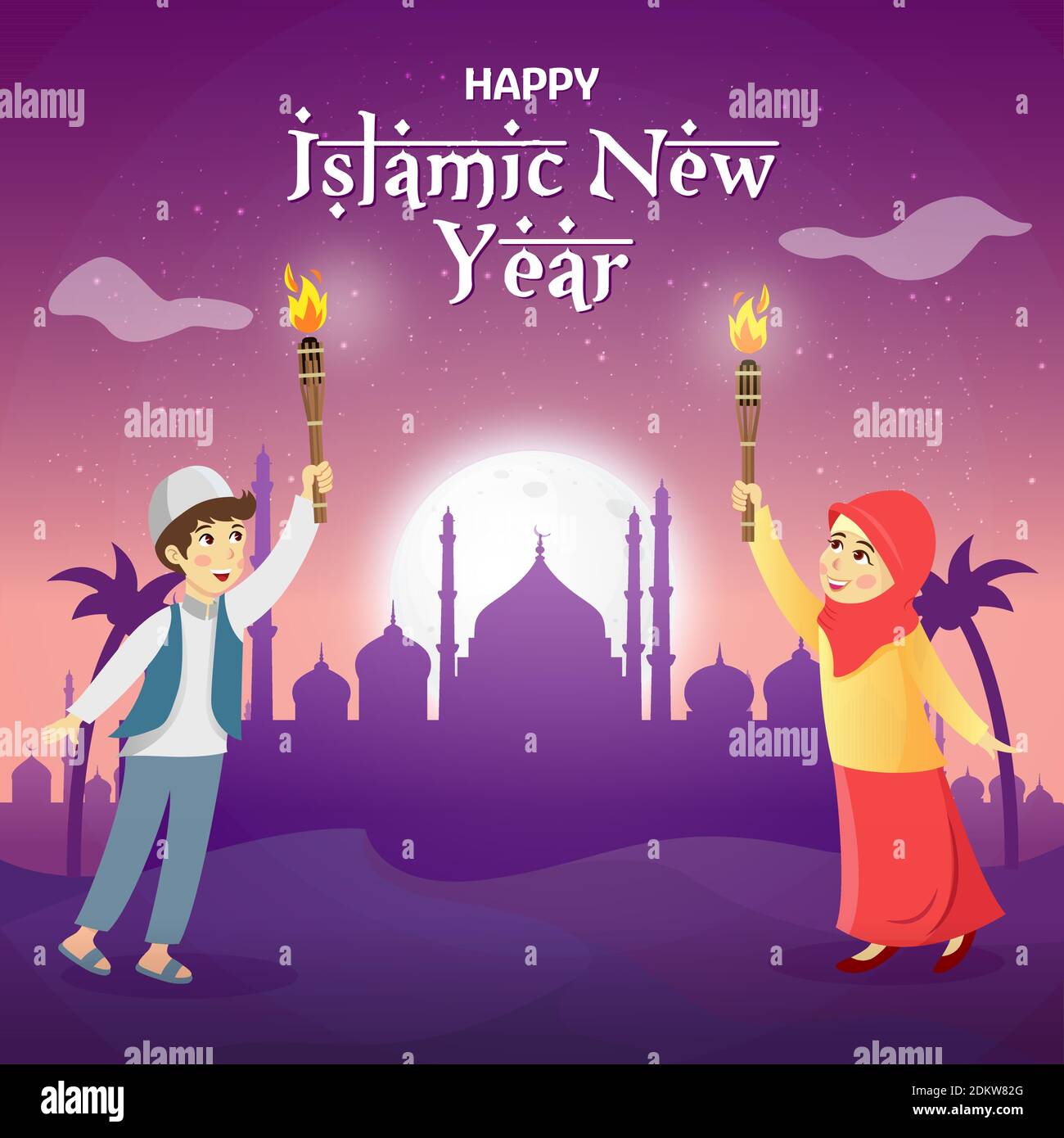 Happy islamic new year vector illustration. Cute cartoon muslim kids