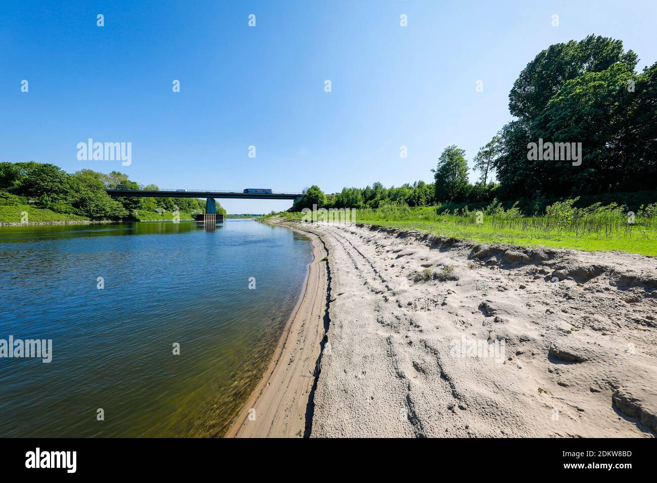 Wesel, North Rhine-Westphalia, Lower Rhine, Germany, river Lippe at the mouth of the river Lippe, looking upstream in direction of the bridge Schillst Stock Photo