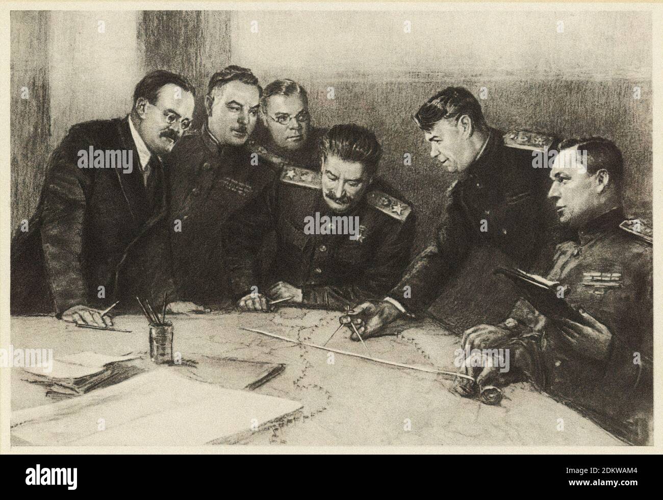 From left to right: V. Molotov, K. Voroshilov, A. Shcherbakov, I. Stalin, A. Vasilevsky, K. Rokossovsky for the development of a plan for the encircle Stock Photo