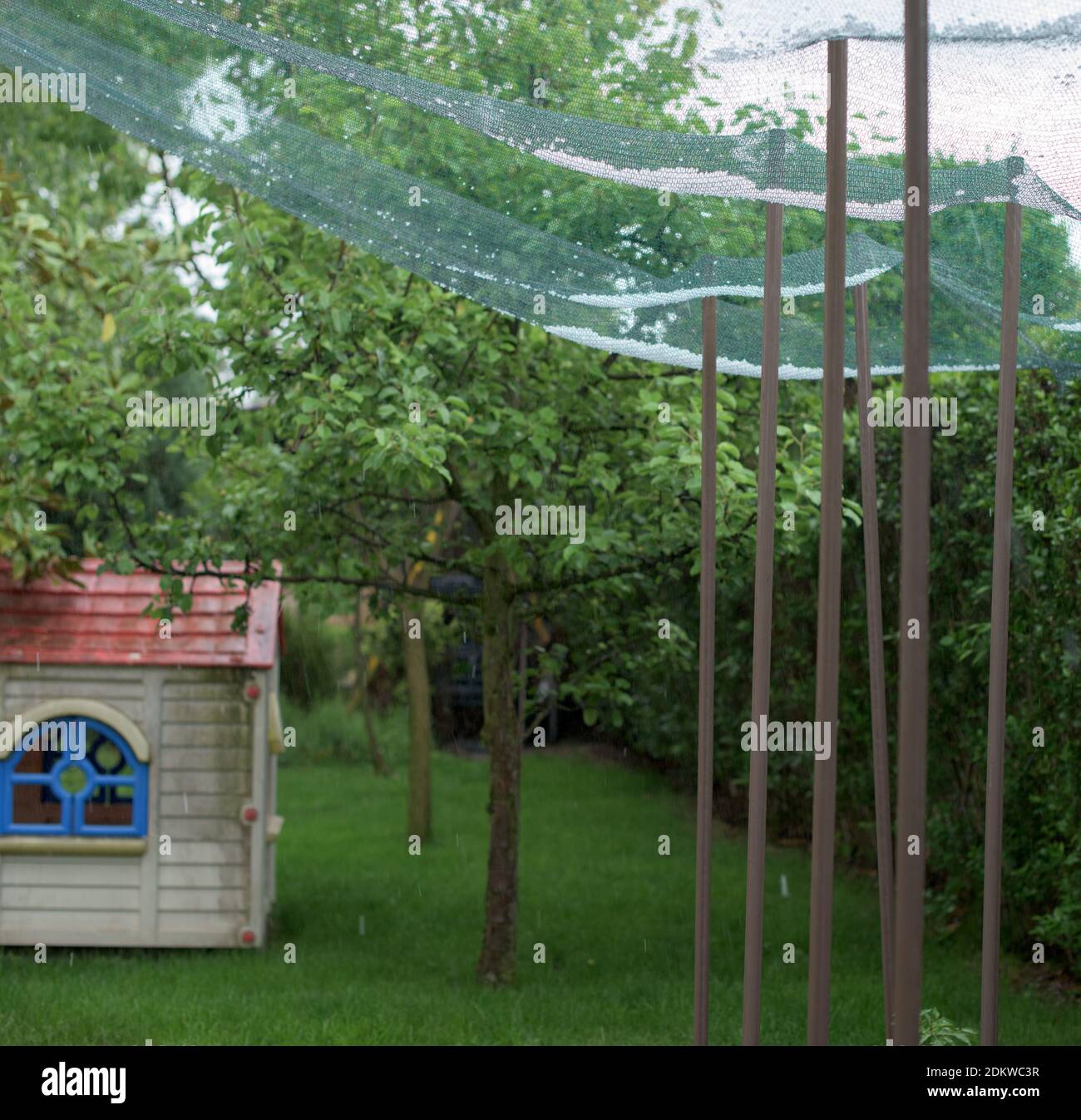 Storm of hail in a yard and protection net Stock Photo