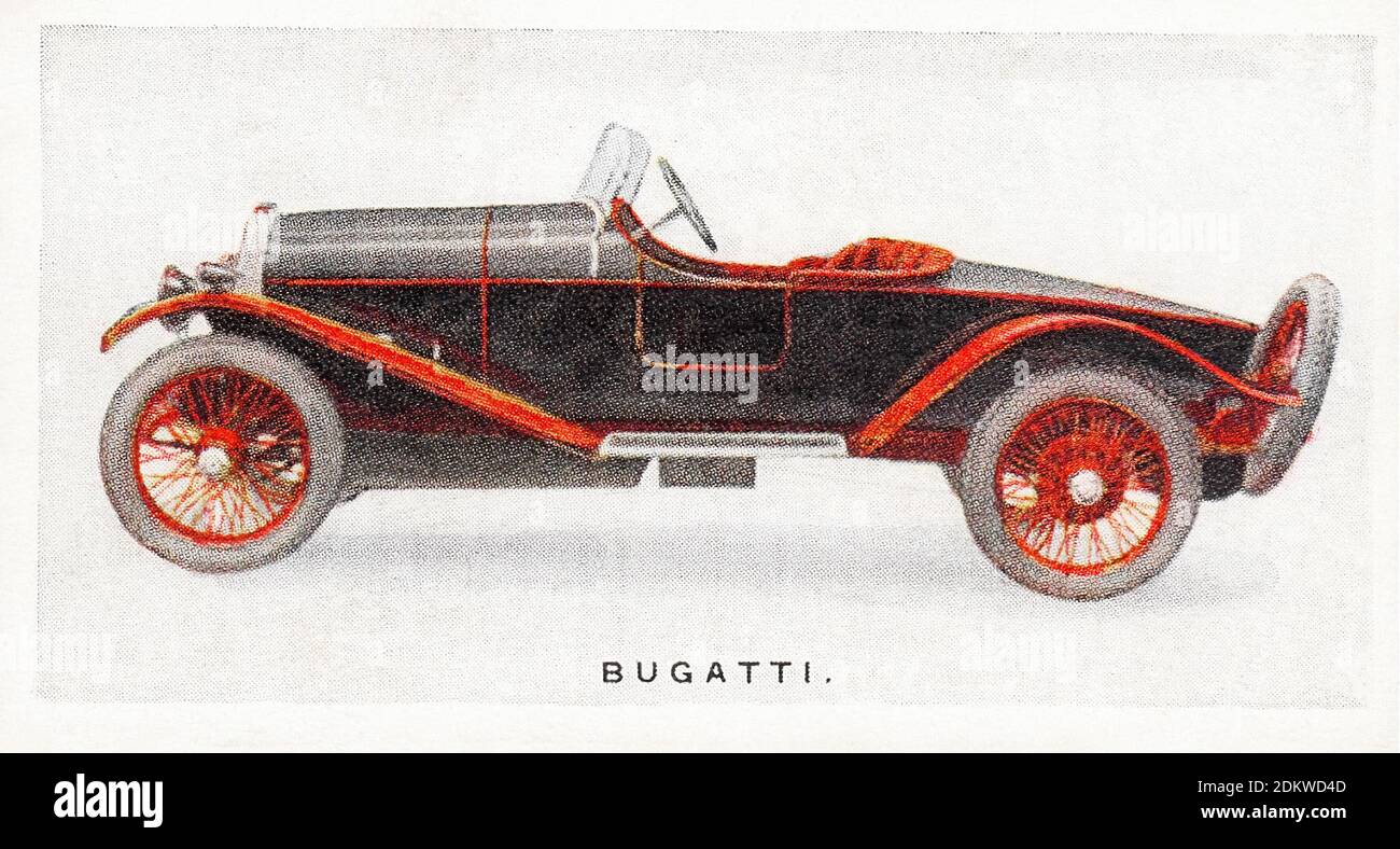 Antique cigarettes cards. 1926. Lambert & Butler Cigarettes (3rd series of Motor Cars). Bugatti Type 35 classic car. Automobiles Ettore Bugatti was a Stock Photo