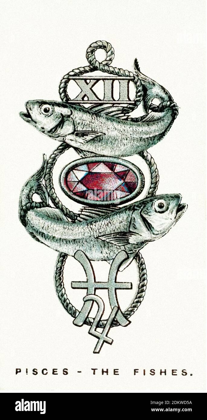 Antique cigarettes cards. Wills's Cigarettes (series of Lucky Charms). Pisces - The Fishes. 1923 Stock Photo