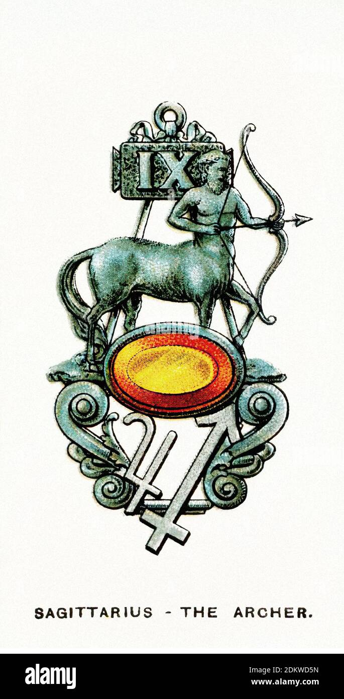 Antique cigarettes cards. Wills's Cigarettes (series of Lucky Charms). Sagittarius - The Archer. 1923 Stock Photo