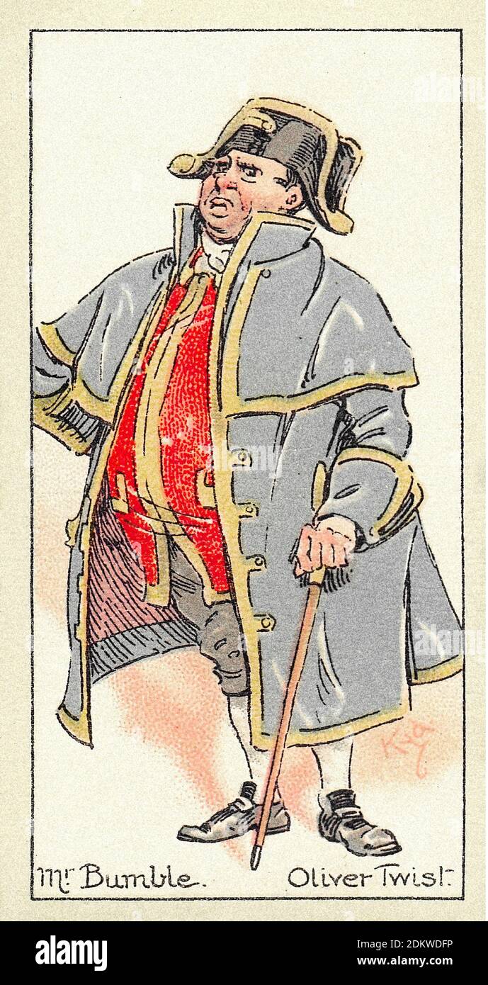 Antique cigarettes cards. Players Cigarettes (series Characters From Dickens ). Mr Bumble, Oliver Twist. England. Artwork by 'Kyd' (Joseph Clayton Cla Stock Photo