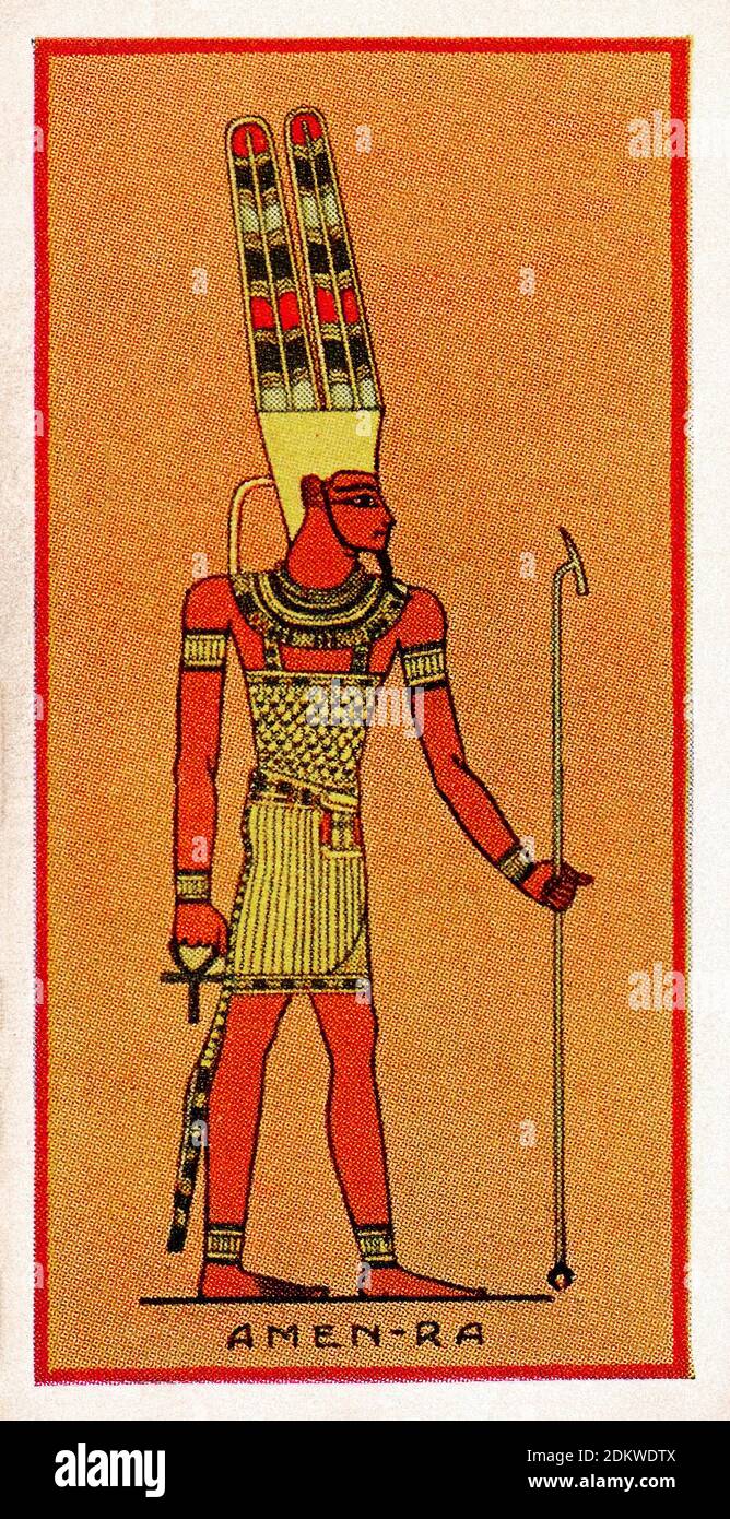 Antique cigarettes cards. Henly & Watkins Cigarettes (series Ancient Egyptian Gods). Amen-Ra, King of the Gods. 1924 Amun (also Amon, Ammon, Amen, Anc Stock Photo