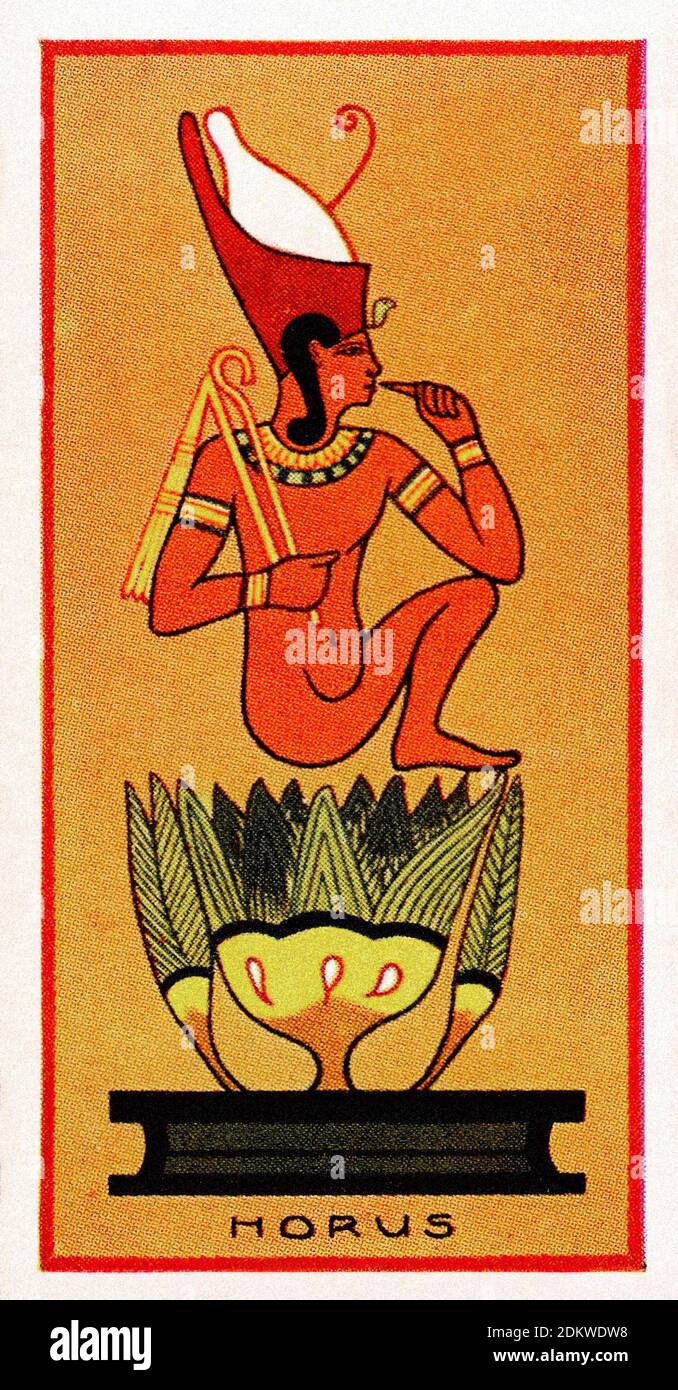Antique cigarettes cards. Henly & Watkins Cigarettes (series Ancient Egyptian Gods). Horus the Younger, son of Isis. 1924 Horus the Younger is the son Stock Photo