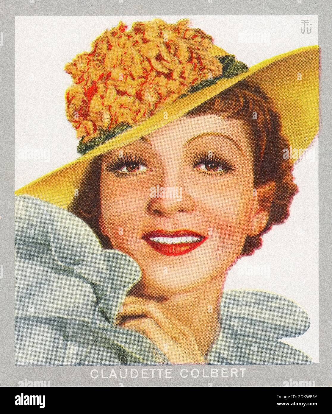 German antique cigarettes cards. Monopol Cigarettes 'series Künstler Im Film' Claudette Colbert, French-American actress. 1937 Claudette Colbert (born Stock Photo