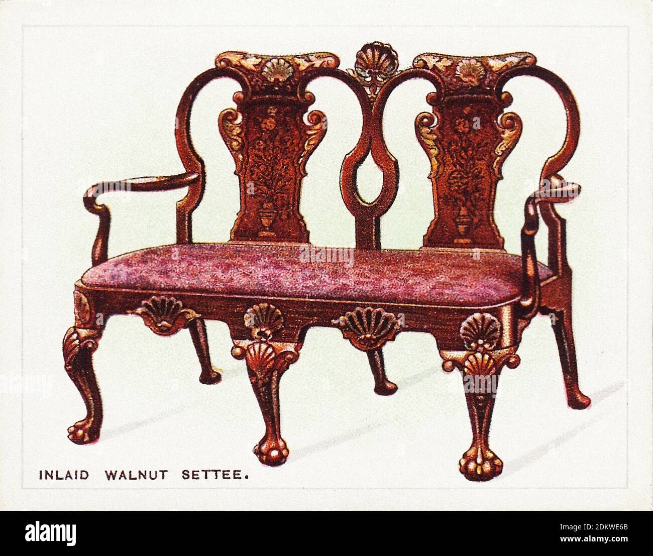 Antique cigarettes cards, Wills's Cigarettes cards (sereis Old Furniture). Inlaid walnut settee, early 18th century. 1924 Stock Photo