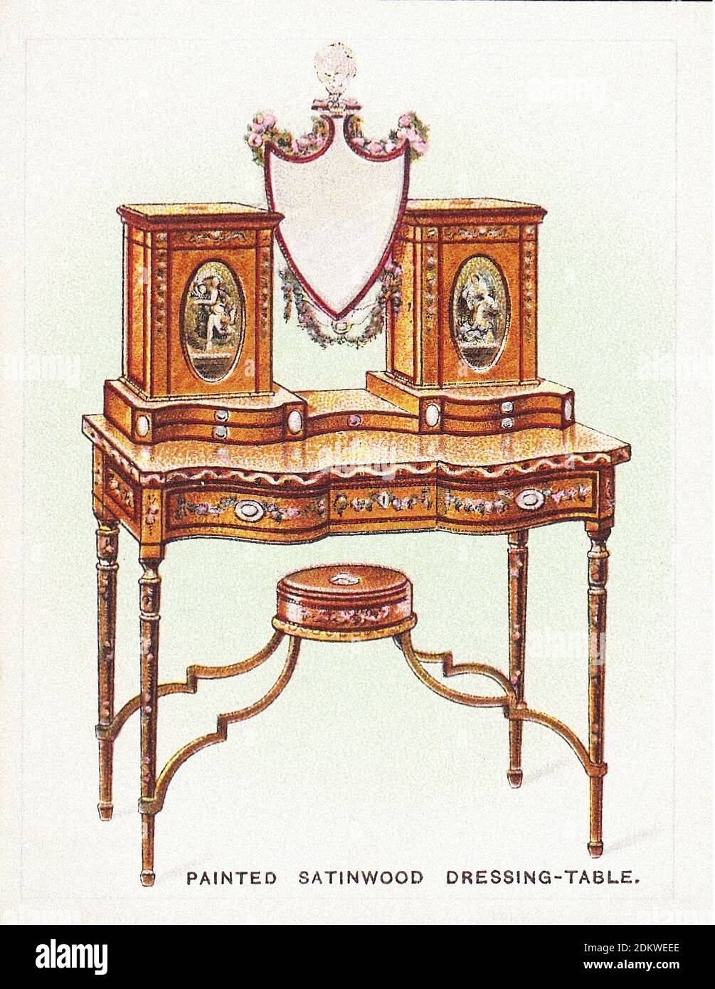 Antique cigarettes cards, Wills's Cigarettes cards (sereis Old Furniture). Painted Satinwood Dressing Table, late 18th century. 1924 Stock Photo